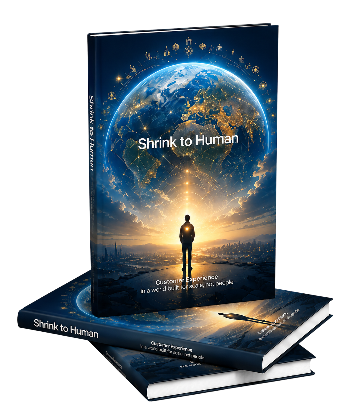 Shrink to Human book with a stack of copies